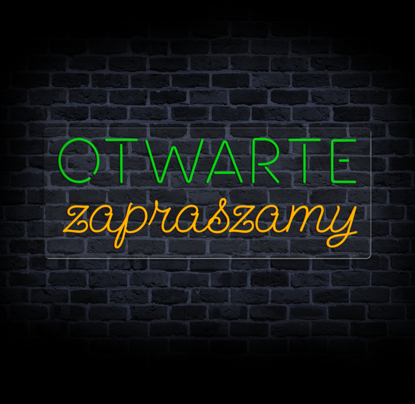 Neon Otwarte Zapraszamy LED na ceglanej ścianie dekoracja dla lokalu CraftNeon