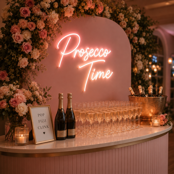 neon LED na wesele Prosecco Time z kwiatami