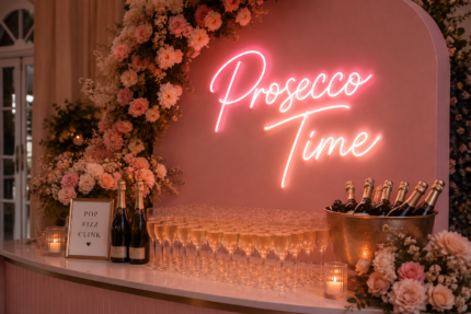 neon do prosecco baru na ściance weselnej