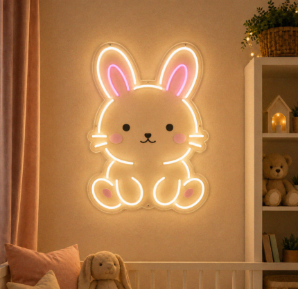 neon króliczek do pokoju dziecka 70x52 cm na ścianie