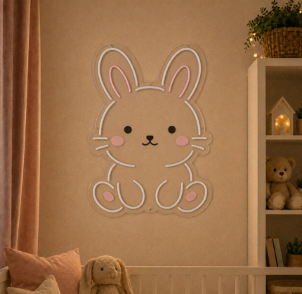 neon dziecięcy na ścianę króliczek LED z różowymi detalami