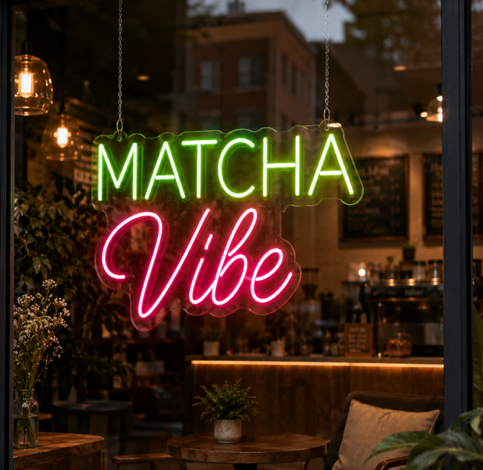 neon Matcha Vibe 70x46 cm na ceglanej ścianie
