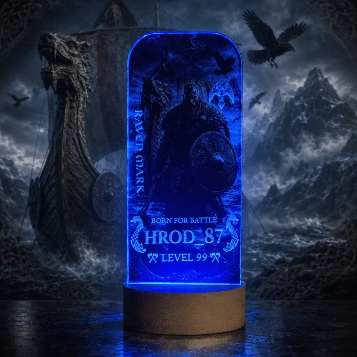 Lampka LED Raven Mark z nadrukiem UV wikinga, nickiem i levelem gracza
