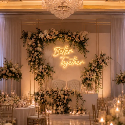 Neon na wesele Better Together przy stole pary młodej w eleganckiej sali