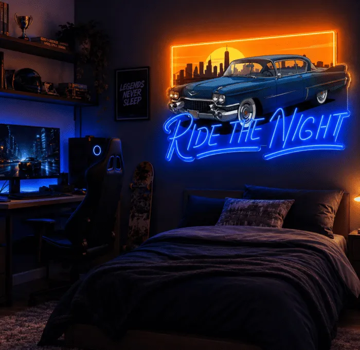Neon do pokoju młodzieżowego Ride the Night nad łóżkiem