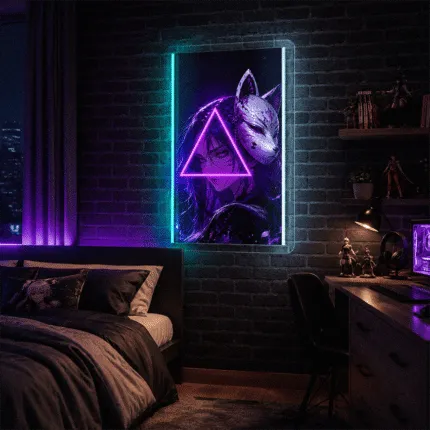 Neon anime z maską kitsune w pokoju młodzieżowym