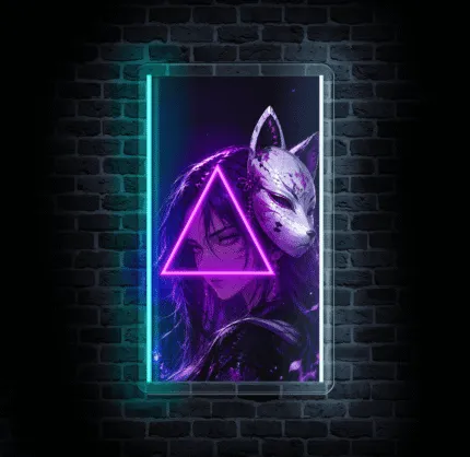 Neon anime z dziewczyną i maską kitsune na plexi