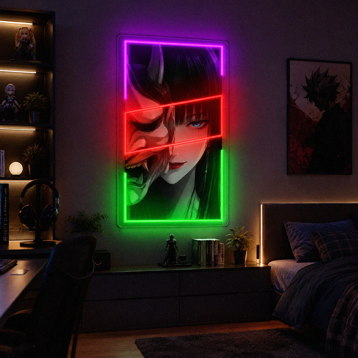 Neon anime LED z maską oni w pokoju młodzieżowym