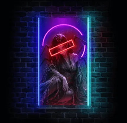 Neon anime z mroczną postacią na czarnej ceglanej ścianie