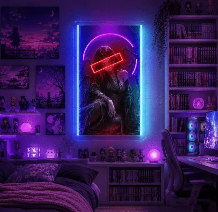 Neon anime z mroczną postacią w pokoju fanki mangi i gamingu