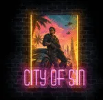 Neon City of Sin z grafiką żołnierza, sportowego samochodu i futurystycznego miasta