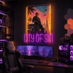 Neon City of Sin zamontowany nad biurkiem w nowoczesnym pokoju gracza