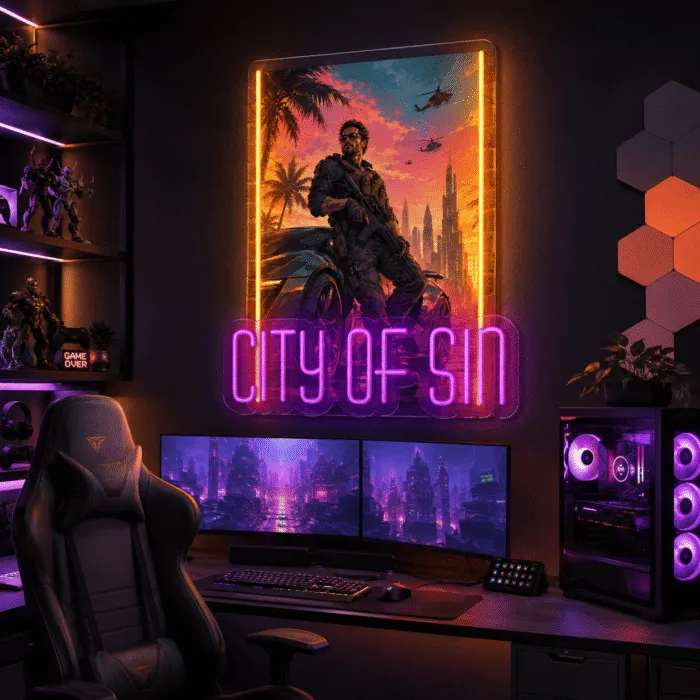 Neon City of Sin zamontowany nad biurkiem w nowoczesnym pokoju gracza