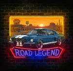 Neon LED Road Legend z niebieskim klasycznym samochodem na tle Route 66