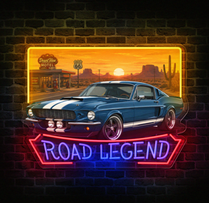 Neon LED Road Legend z niebieskim klasycznym samochodem na tle Route 66