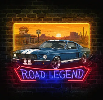 Neon LED Road Legend z niebieskim klasycznym samochodem na tle Route 66