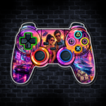 Neonowy pad do gry z motywem nocnego miasta i sportowych aut