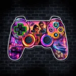Neonowy pad do gry z motywem nocnego miasta i sportowych aut