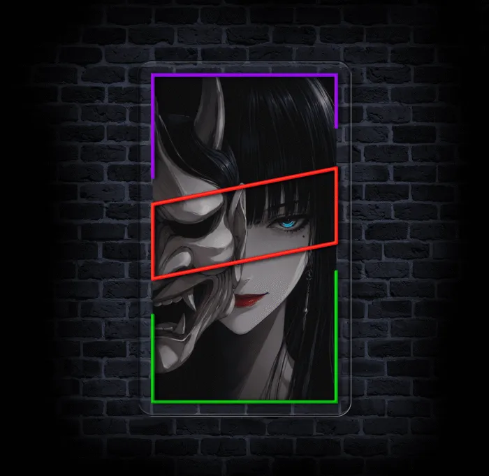 Neon Oni Shadow z maską demona na ciemnej ścianie