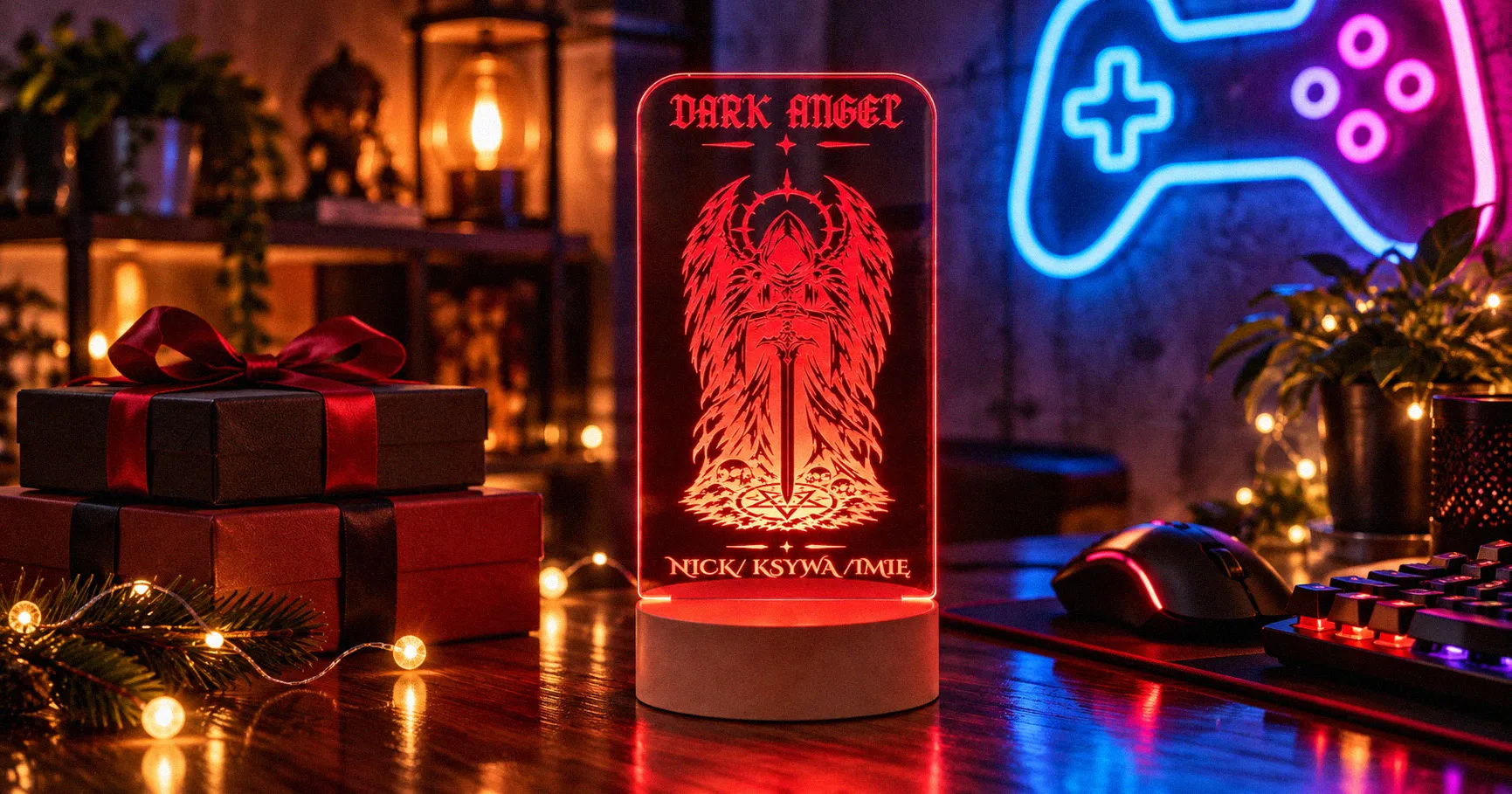 Prezent dla gracza – lampka LED Dark Angel z nickiem obok prezentów na biurku gracza