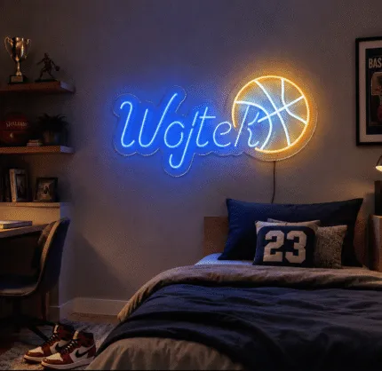 Neon LED z imieniem i koszykówką w pokoju sportowca - CraftNeon