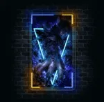 Neon LED Ookami Yasha – wilczy demon anime z podświetleniem LED na ciemnej ścianie