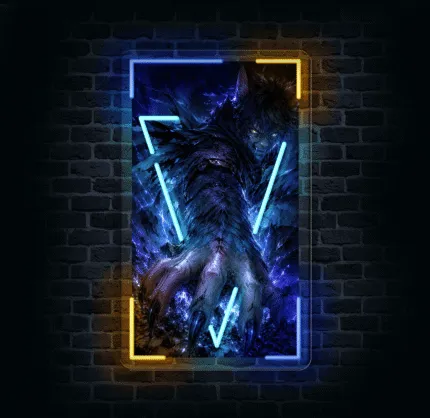 Neon LED Ookami Yasha – wilczy demon anime z podświetleniem LED na ciemnej ścianie