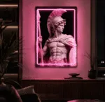 Neon Achilles na ścianie w nowoczesnym pokoju z różowym światłem LED