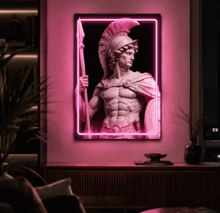 Neon Achilles na ścianie w nowoczesnym pokoju z różowym światłem LED