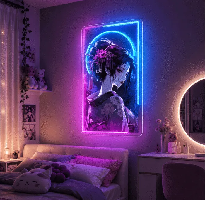 Neon anime gejsza na ścianę LED – grafika 60 × 35 cm - obrazek 2