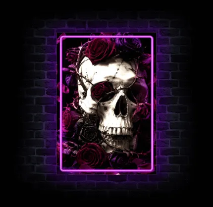 Neon z czaszką i różami w stylu gothic na ścianę