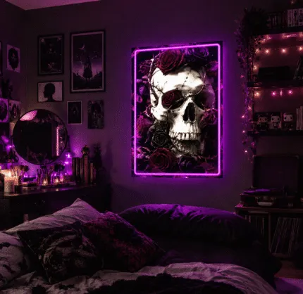 Neon z czaszką i różami w pokoju nastolatki w stylu gothic