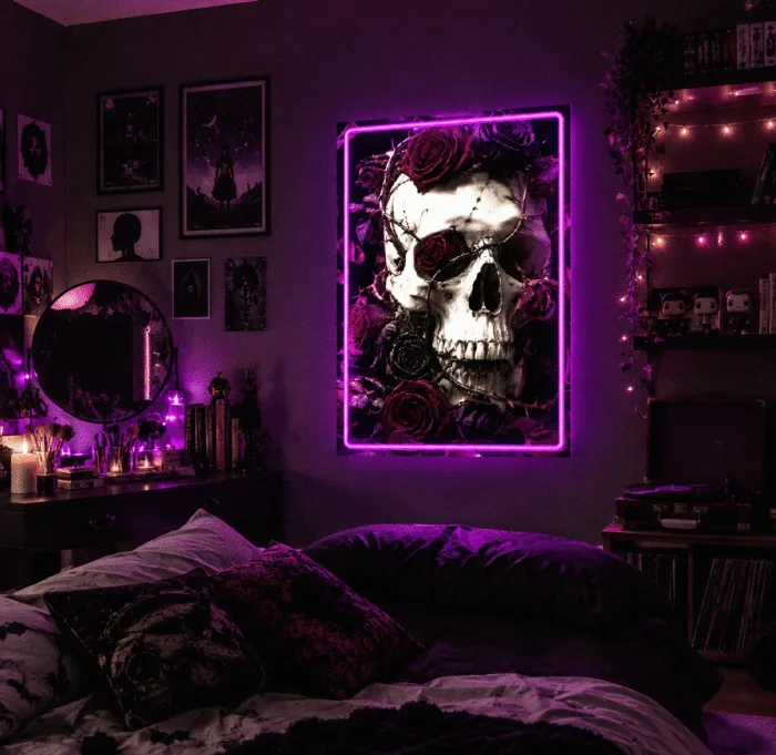 Neon z czaszką i różami w pokoju nastolatki w stylu gothic