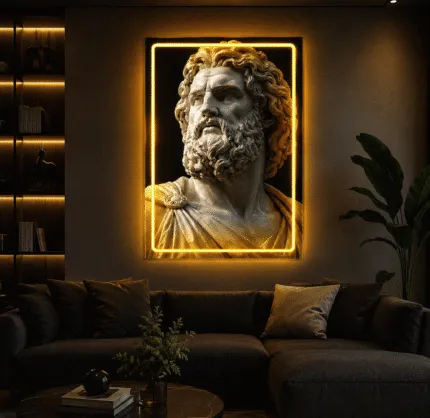 Neon z marmurowym popiersiem na ścianie w eleganckim salonie
