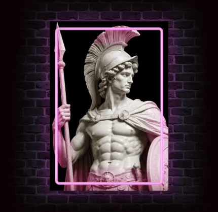 Neon na ścianę Achilles z marmurową postacią greckiego wojownika i różowym podświetleniem LED