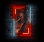 Neon LED Tengu no Men z wojownikiem w masce tengu na ciemnej ceglanej ścianie