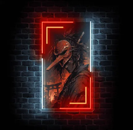 Neon LED Tengu no Men z wojownikiem w masce tengu na ciemnej ceglanej ścianie