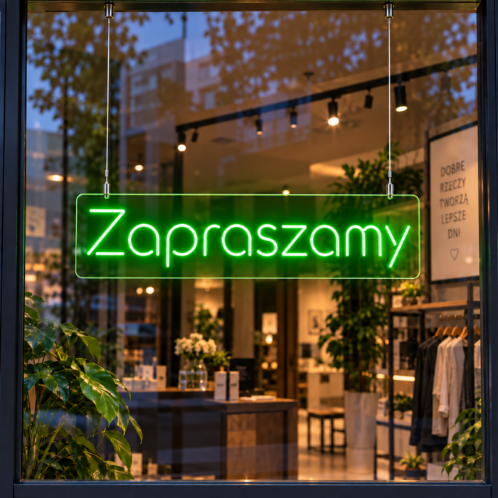 Zielony neon napis zapraszamy LED zawieszony na linkach w witrynie sklepu