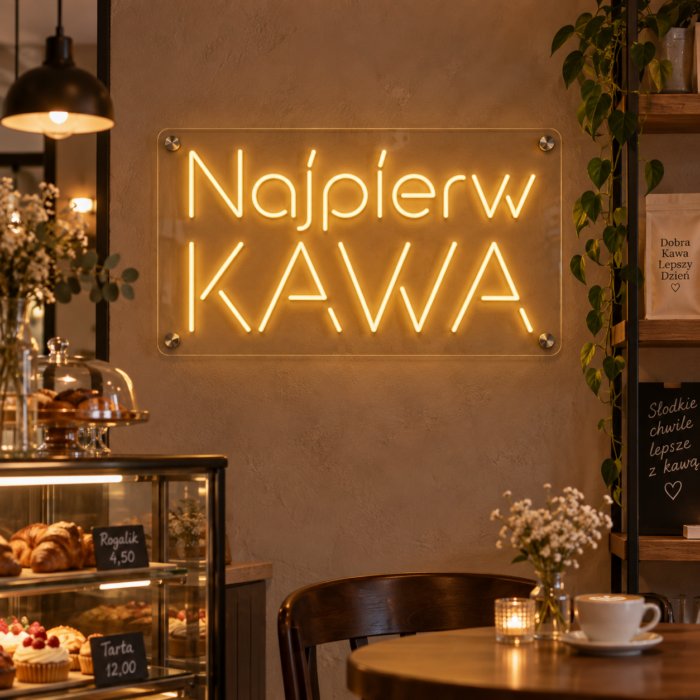 Neon najpierw kawa LED w ciepłym żółtym kolorze na przezroczystej plexi, na tle ceglanej ściany