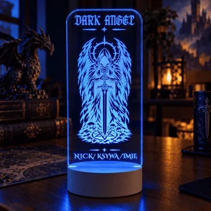 Lampka LED Dark Angel z nickiem – mroczny anioł z mieczem, podświetlenie RGB