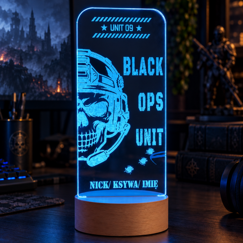 Lampka dla gracza Black Ops Unit z nickiem – grawer na plexi, podstawka RGB