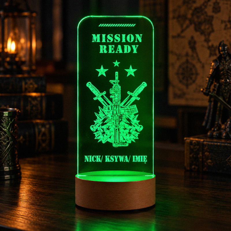Personalizowana lampka LED gamingowa Mission Ready z zielonym podświetleniem i grawerem