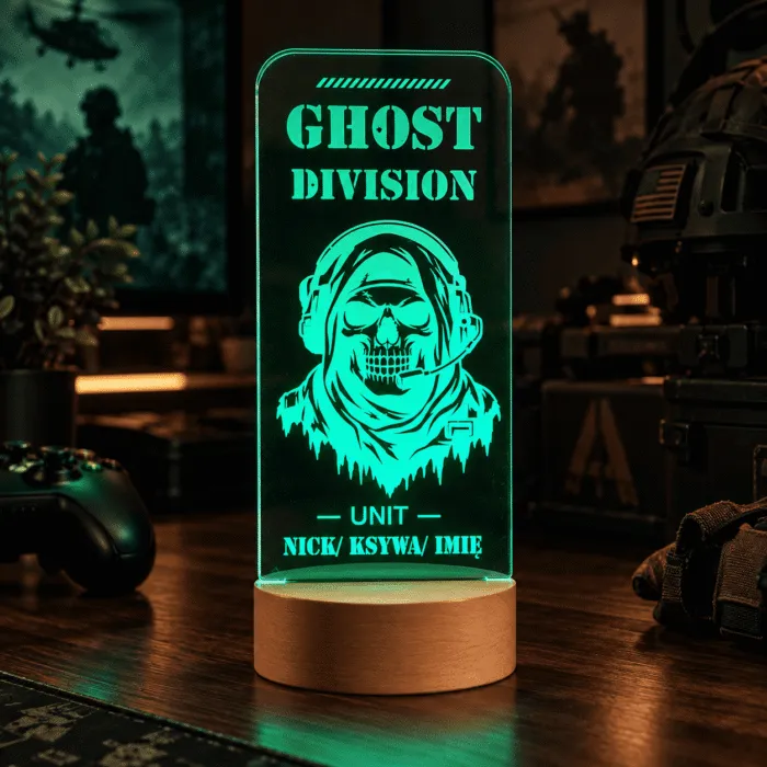 ampka LED Ghost Division z nickiem – czaszka żołnierza, podświetlenie RGB