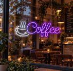 Neon coffee z filiżanką LED z fioletowym napisem i białą filiżanką na tle ceglanej ściany