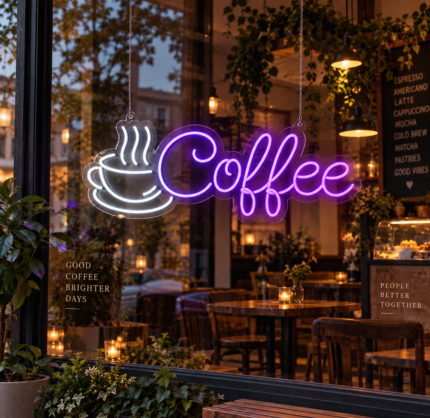 Neon coffee z filiżanką LED z fioletowym napisem i białą filiżanką na tle ceglanej ściany