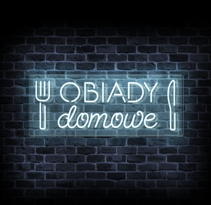 Neon obiady domowe LED z widelcem i nożem w zimnej bieli na tle ceglanej ściany