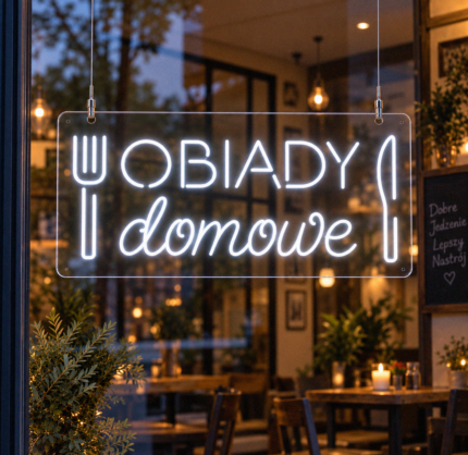 neon obiady domowe LED z widelcem i nożem w zimnej bieli, zawieszony na linkach w witrynie jadłodajni