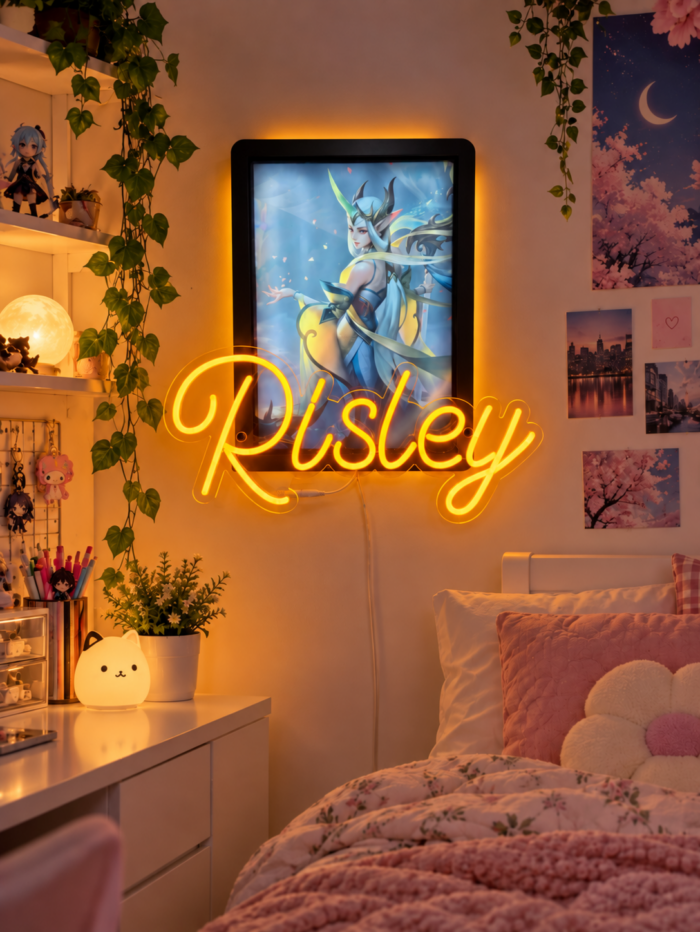 Plakat Gaming Art z podświetleniem LED i żółtym neonem z imieniem gracza