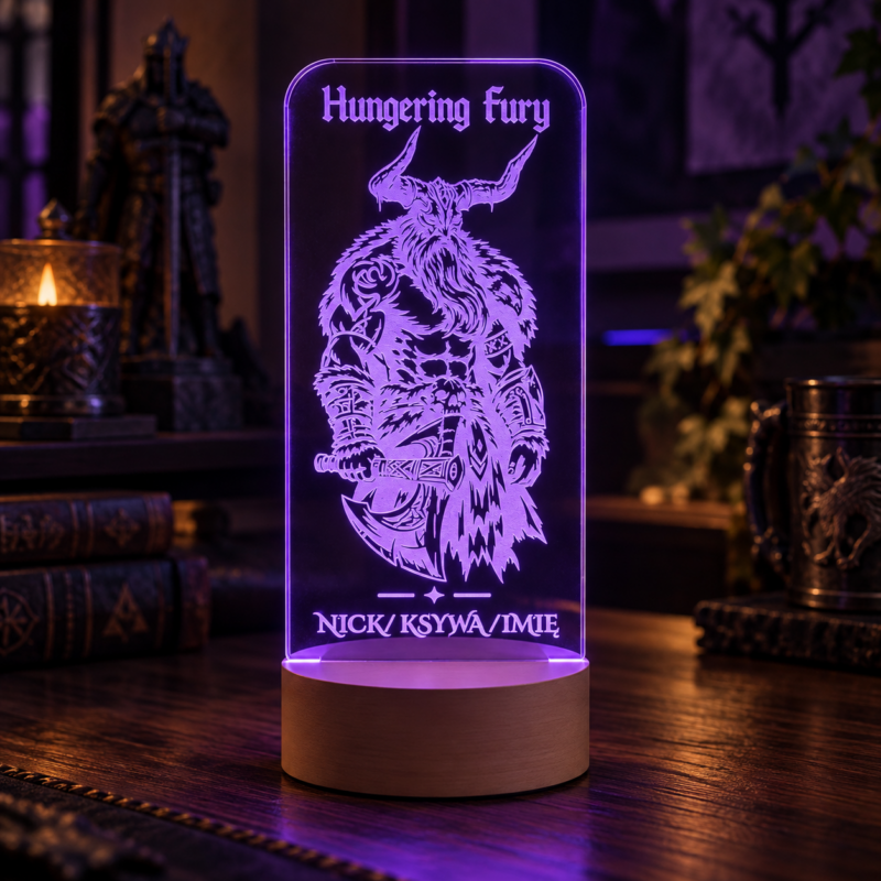 Personalizowana lampka LED Hungering Fury z fioletowym podświetleniem i grawerem