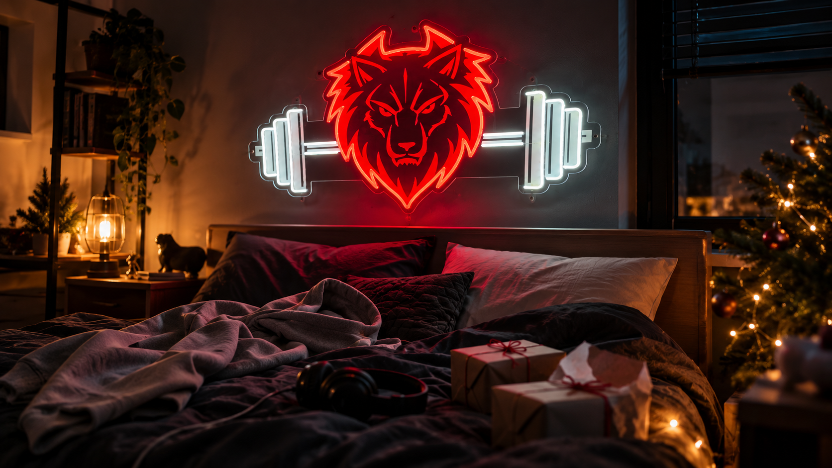 Prezent dla nastolatka na święta – neon LED nad łóżkiem w pokoju z choinką